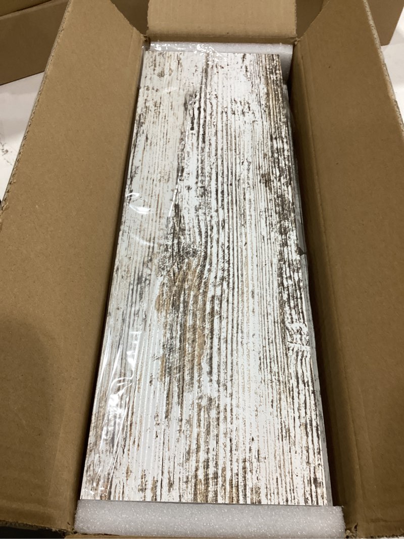 Condition photo showing Good Condition for upsimples Floating Shelves for Wall, Wall Shelves for Decor Storage Set of 6, Wall Mounted Wood Shelf for Bedroom, Living Room, Bathroom, Kitchen, Picture Ledge Shelf, Rustic White Rustic White 15.7in