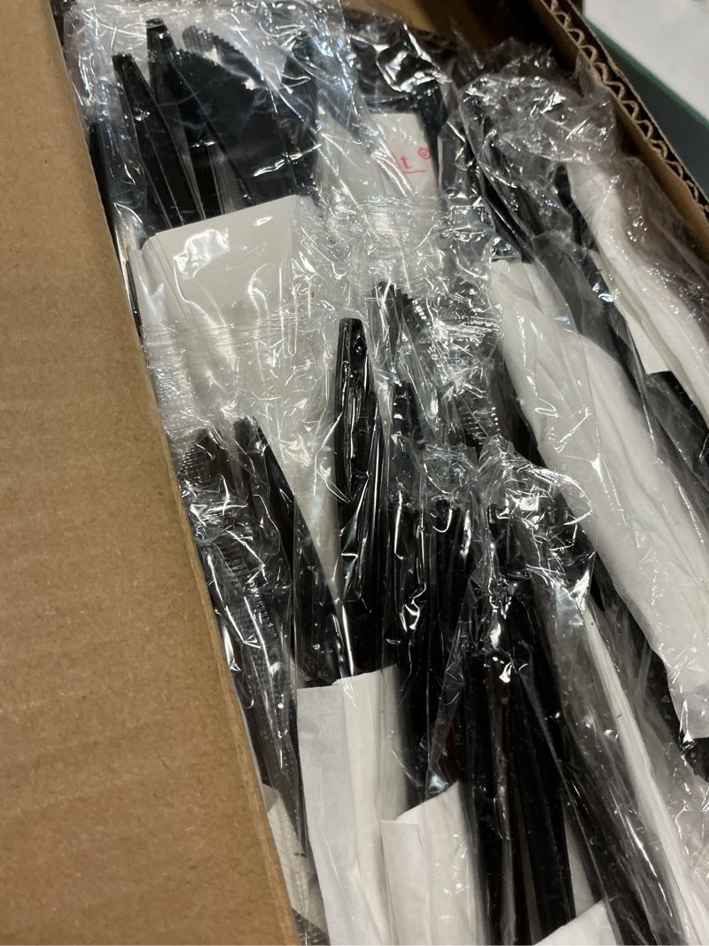 Condition photo showing Good Condition for 450 plastic cutlery packets - knife fork spoon napkin salt pepper sets | black plastic silverware sets individually wrapped cutlery kits, bulk utensil cutlery set disposable to go silverware