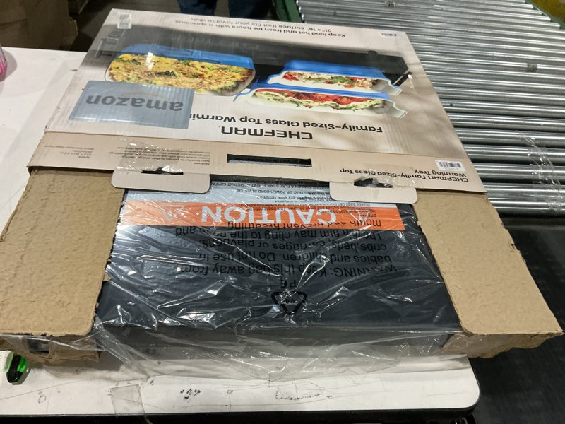 Condition photo showing New/Like New for chefman electric warming tray with adjustable temperature control, perfect for buffets, restaurants, parties, events, and home dinners, large 21” x 16” glass-top surface keeps food hot – black stainless black large - 21" x 16"