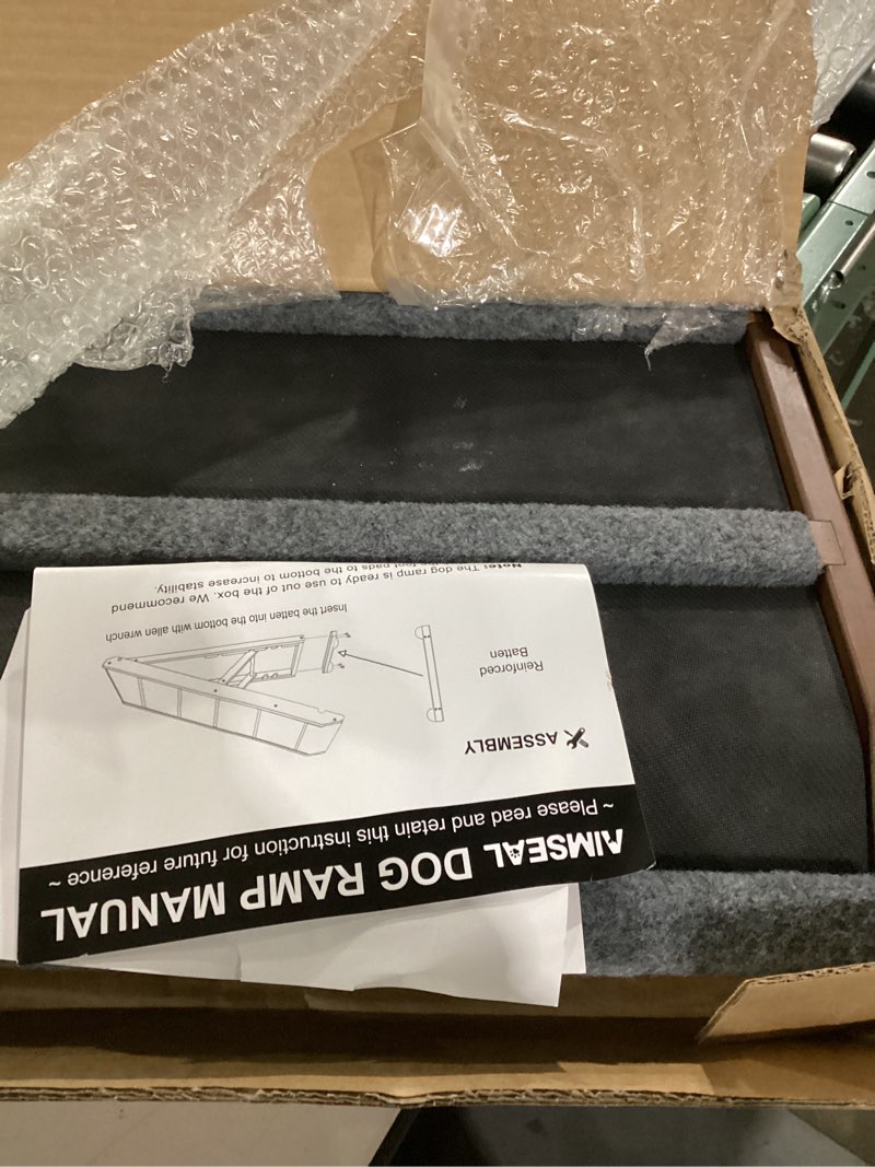 Condition photo showing New/Like New for dog ramp for bed, extra wide 17", non-slip rubber surface, adjustable folding pet ramps for small & large dogs up to 200lbs, walnut wood stairs for old dachshund/labrador to get on high couch or car black large