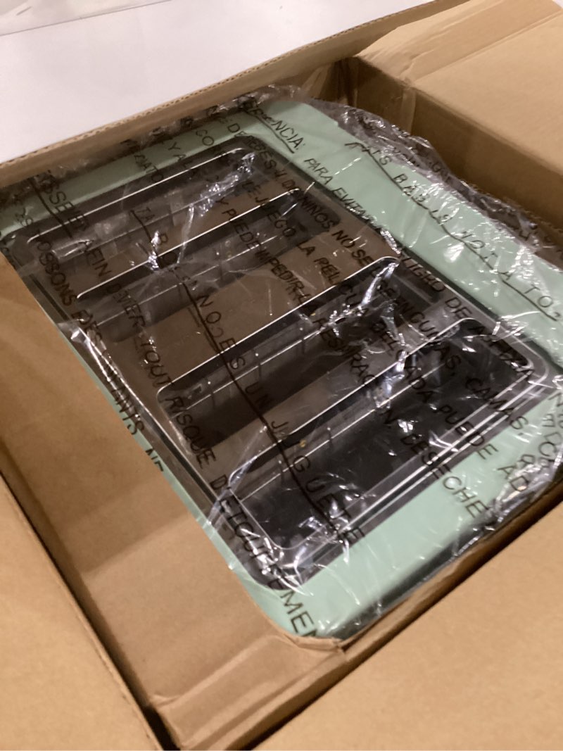 Condition photo showing As Is for bella 4 slice toaster with auto shut off - extra wide slots & removable crumb tray and cancel, defrost & reheat function - toast bread & bagel, sage sage 4 slice toaster