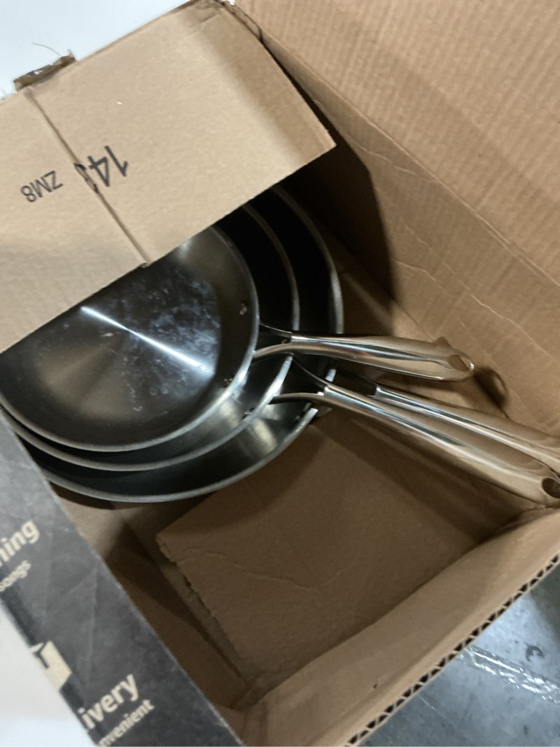 Condition photo showing As Is for MICHELANGELO Stainless Steel Frying Pan Set, 8" / 9.5" / 11" Cooking Pans, Triply Base Stainless Steel Pan Set with Ergonomic Handle, Induction Compatible