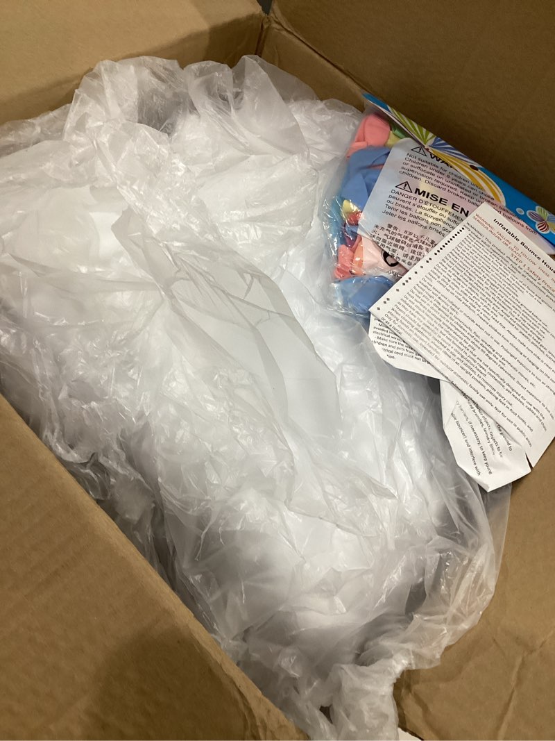 Condition photo showing Good Condition for white bounce house, house with blower, inflatable bouncer, children's toy, sewn extra thick material for durability