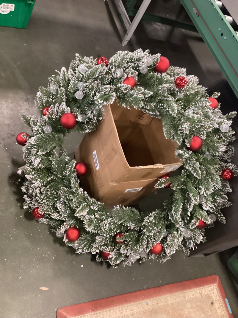 Condition photo showing Good Condition for Nearly Natural 4' Oversized Pre-Lit Frosted Holiday Christmas Wreath with Ornaments and 40 LED Globe Lights
