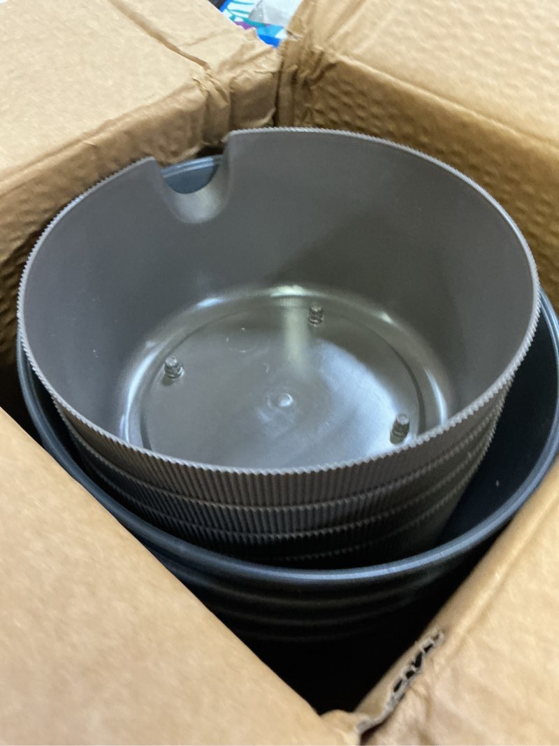 Condition photo showing New/Like New for 5/6.5/7.5 inch self watering pots for indoor/outdoor ,4 pack plastic planters for indoor plants with drainage holes and saucers, modern decorative flower pot for plants (grey, 7.5-inch, 4-pack)