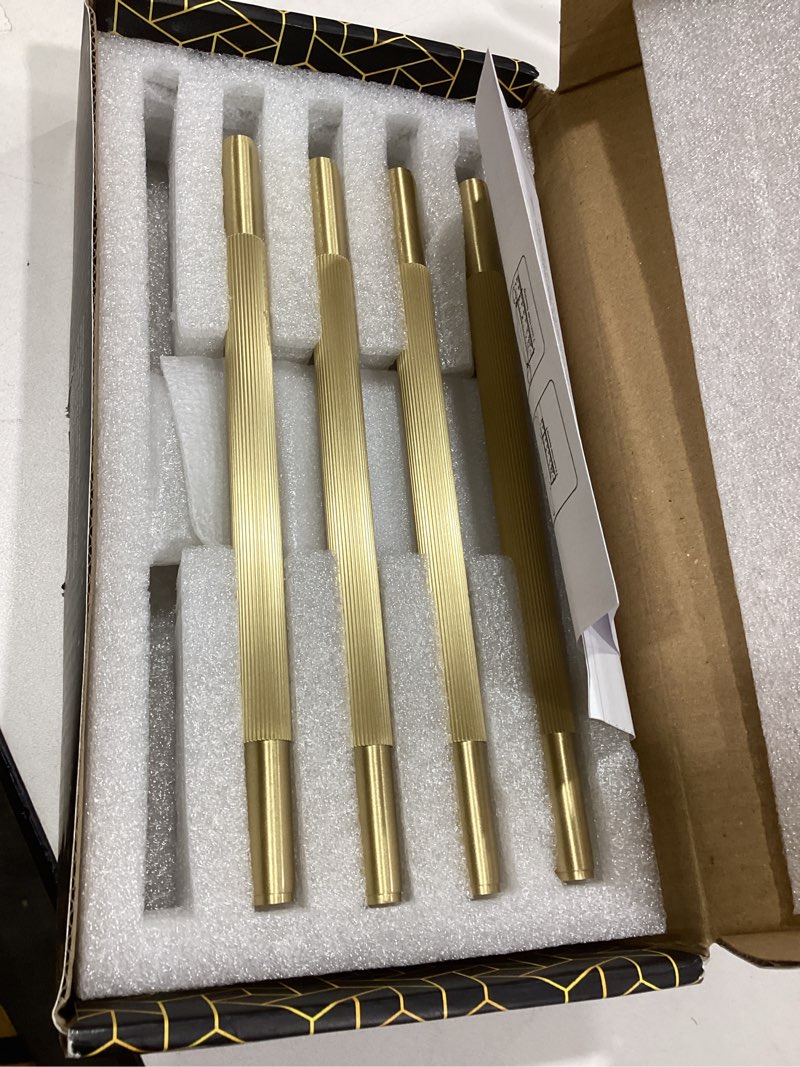 Condition photo showing New/Like New for QOGRISUN 5-Pack Solid Brass Cabinet Pulls, Grooved Gold Bar Handles, 6-1/4-Inch Hole Center for Kitchen Drawer Dresser Cupboard, 7.8-Inch Total Length, Brushed Brass Finish – Eleganza 5 6-1/4-Inch(160mm)Hole Centers