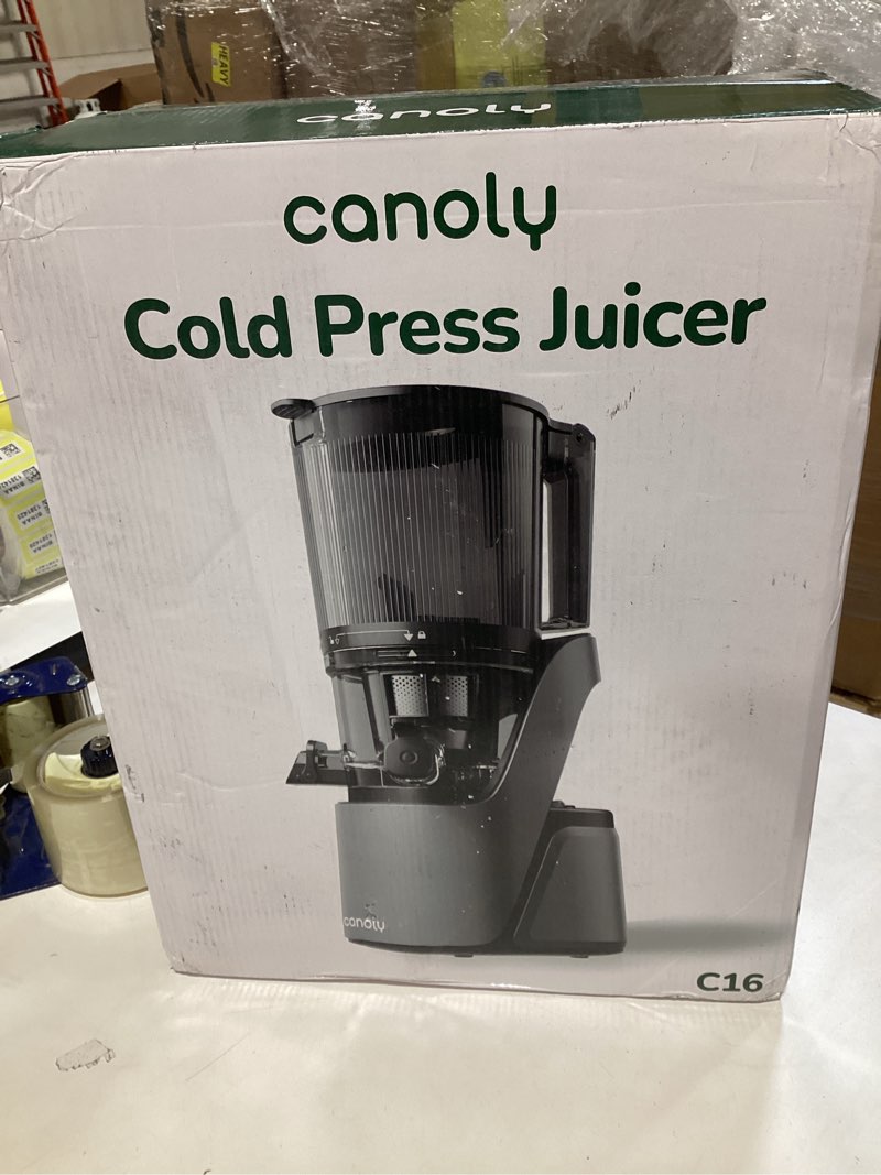 Condition photo showing New/Like New for canoly c16 cold press juicer, 6" extra wide feed chute, 3-in-1 strainers (juice & sorbet & nut milk), powerful ac brushless motor, self precut system, juicer machines with bpa-free (space gray)