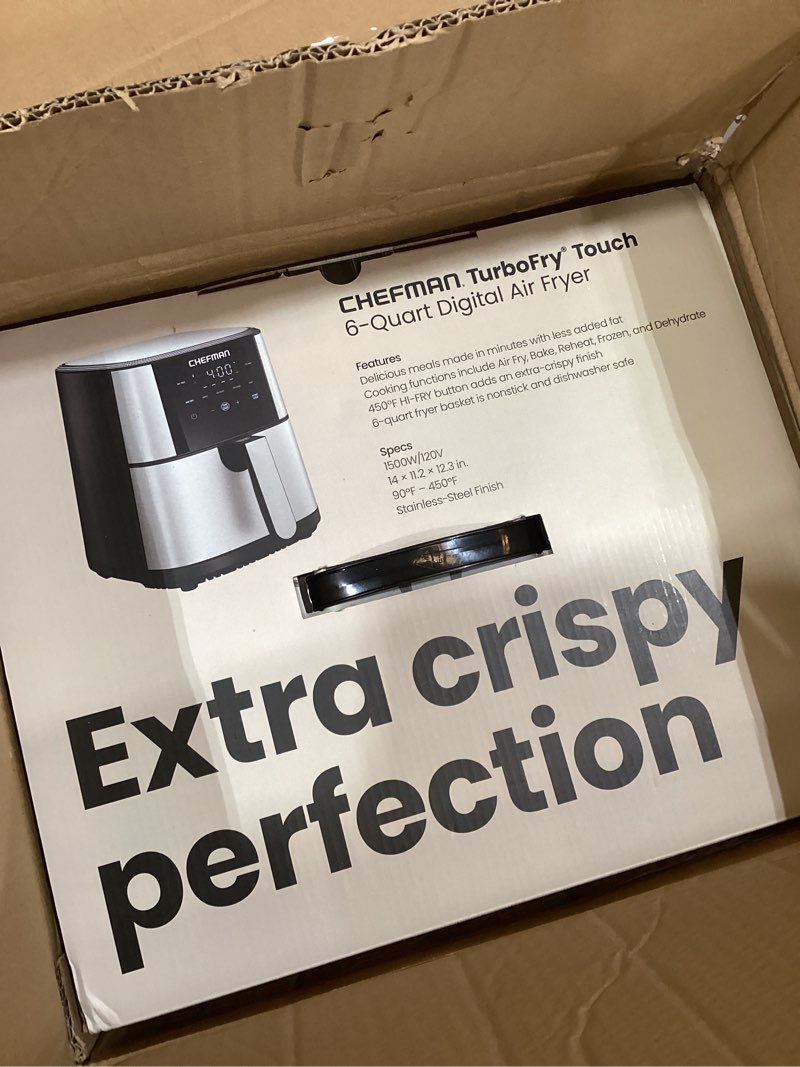 Condition photo showing Good Condition for chefman turbofry touch air fryer, large 5-quart family size, one touch digital control presets, french fries, chicken, meat, fish, nonstick dishwasher-safe parts, automatic shutoff, stainless steel 5 quarts stainless steel