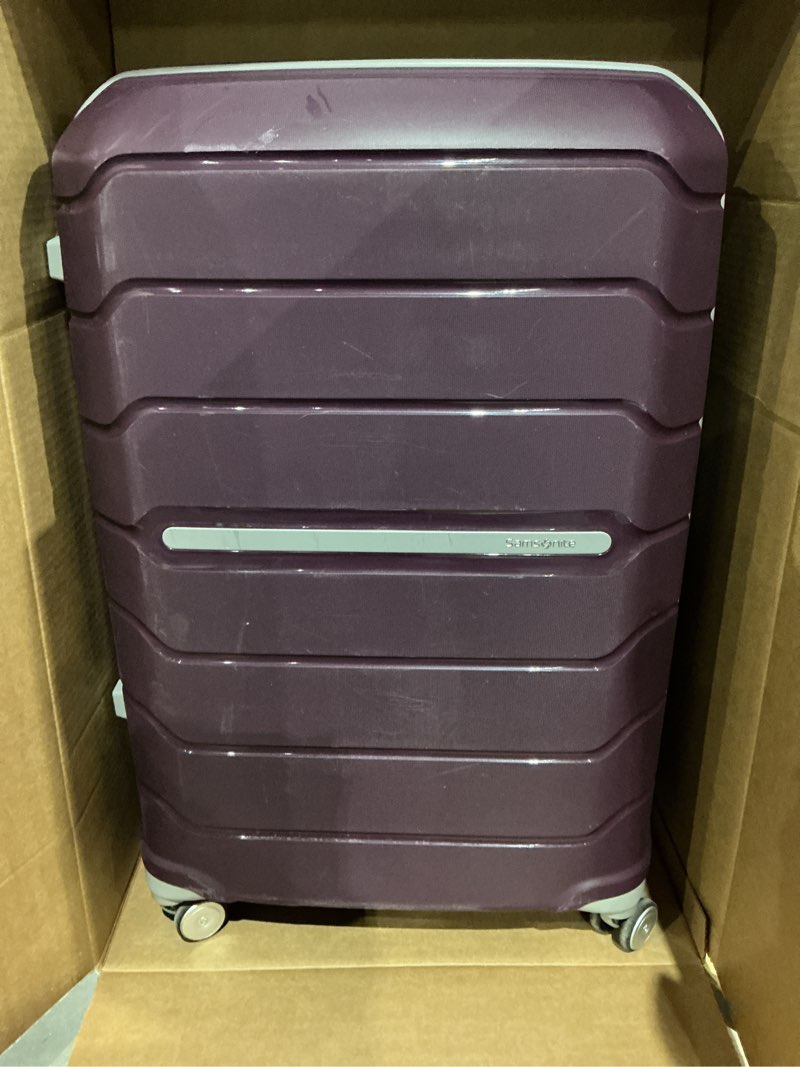 Condition photo showing As Is for samsonite freeform 2-piece luggage set - carry-on & large checked luggage with dual spinner wheels - durable polypropylene hardshell - tsa lock, airline-approved - expandable - amethyst purple 2-piece set (carry-on/large) amethyst purple