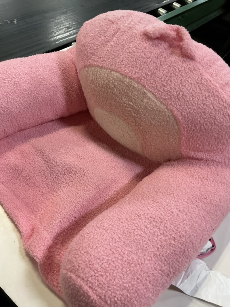 Condition photo showing As Is for extra wide kids couch, 2-in-1 soft toddler couch with blanket, comfy toddler chair, convertible sofa with cute rainbow design, pink