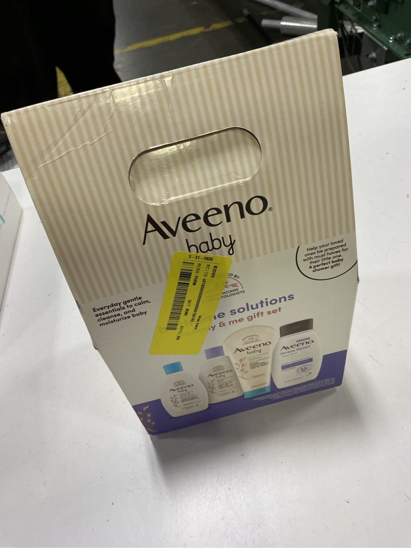 Condition photo showing New/Like New for aveeno baby bathtime solutions mommy & me gift set, baby wash & shampoo, calming bath, daily moisturizing lotion and stress relief body wash for mom, colloidal oat, baby bath essentials, 4 items mom & baby