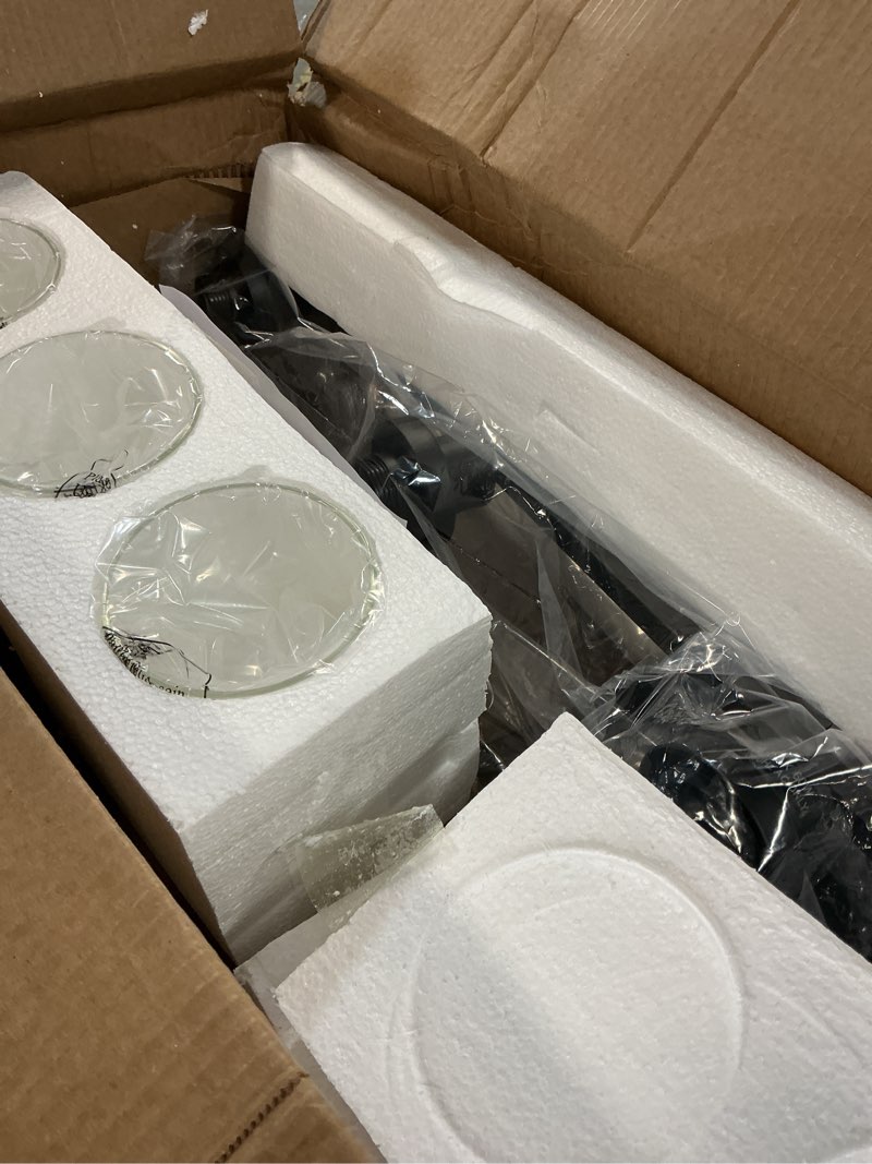 Condition photo showing As Is for MELUCEE 4 Lights Sconces Wall Lighting Black with Clear Glass Shade, Industrial Bathroom Light Fixtures Vanity Lights Porch Light Fixtures Wall Mount (Patent No.: US D963914 S) Black 4-Light