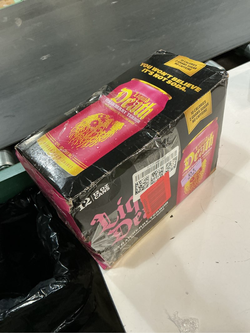 Condition photo showing New/Like New for (Best by 10/01/27)Liquid Death Soda-Flavored Sparkling Water - Strawberry Terror, Less Sugar*, Huge Flavor, No Caffeine, No Artificial Sweeteners, 12 Fl Oz (Pack of 12) Strawberry Terror 12 Fl Oz (Pack of 12)