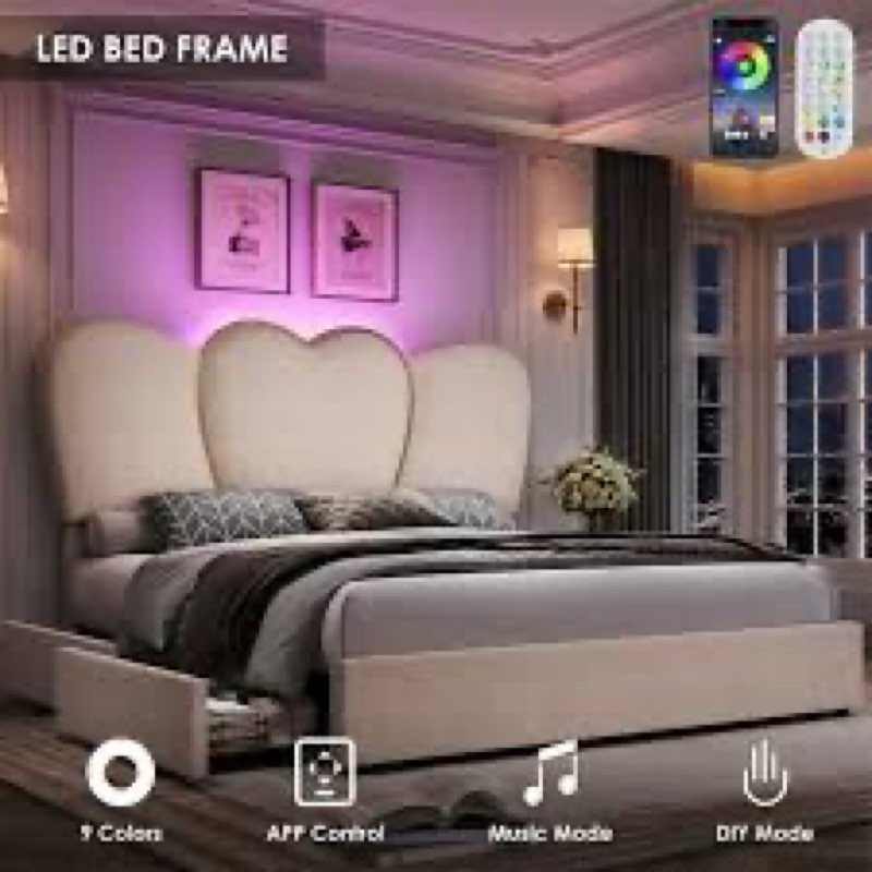 Queen Bed Frame with Heart Headboard