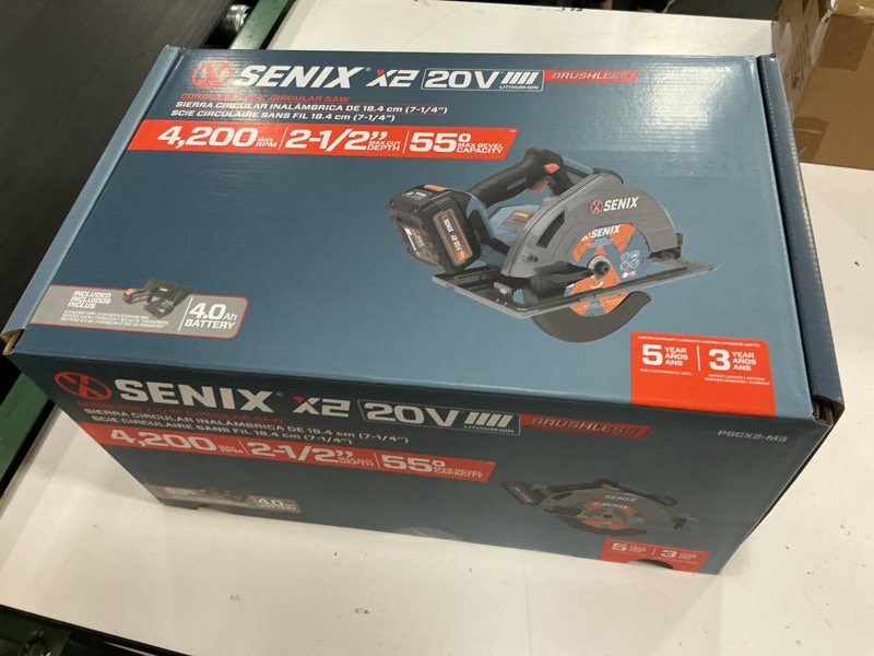 Condition photo showing New/Like New for senix 20 volt max* 7-1/4" cordless circular saw, brushless motor, led work light, 55 degree bevel, battery, charger, & storage bag included (pscx2-m3)