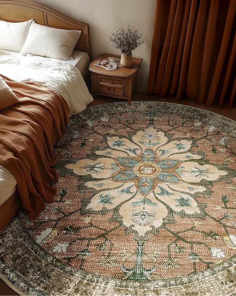 Area Rugs round, 8ft Washable Non-Slip, Floral Vintage Distress Print Pattern Medallion Carpet for Living Room Bedroom Dining Room, Light Yellow Carbon Grey Orange