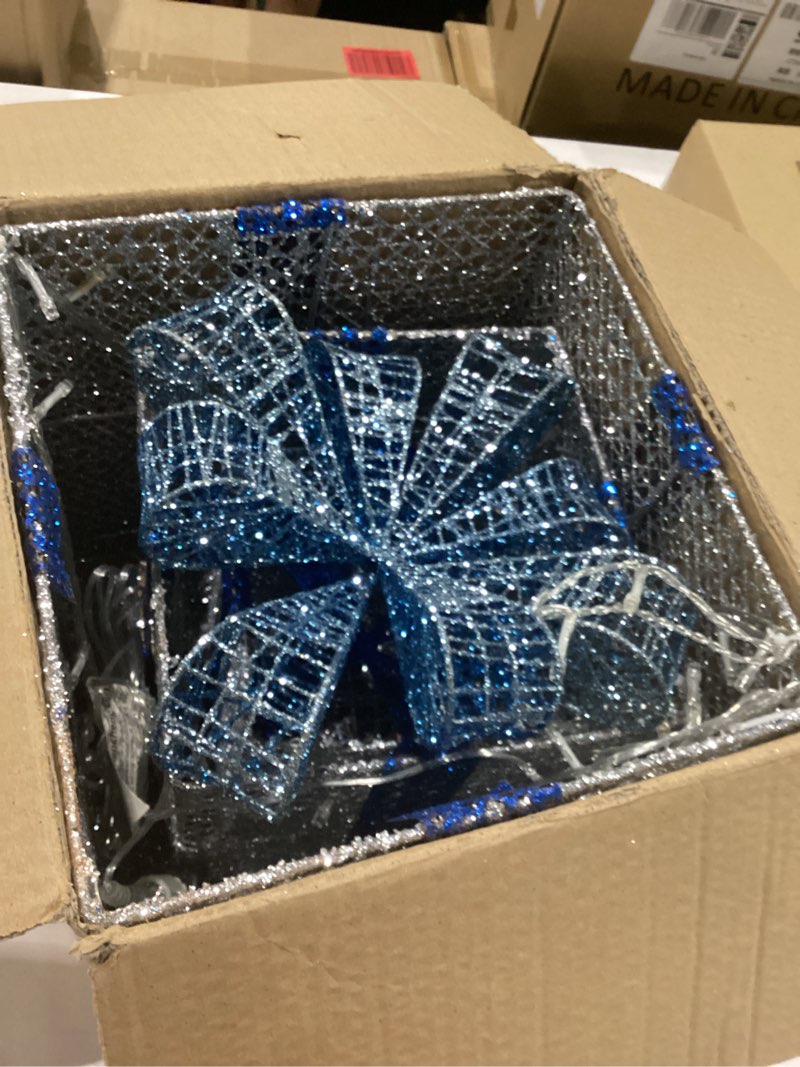 Condition photo showing New/Like New for sunnyglade 10”-8”-6” set of 3 christmas lighted gift boxes with plug for christmas decor, weddings yard home holiday art decorations (silver) silver 10”x8”x6”