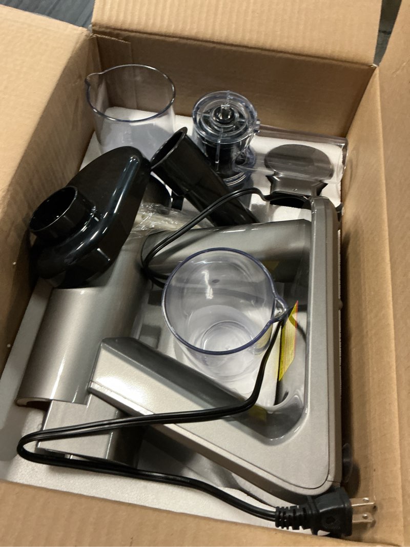 Condition photo showing Good Condition for cold press juicer, slow masticating juicer, high juice yield, easy clean, bpa free, ideal self-feeding juicer for fruits & vegetables, gray