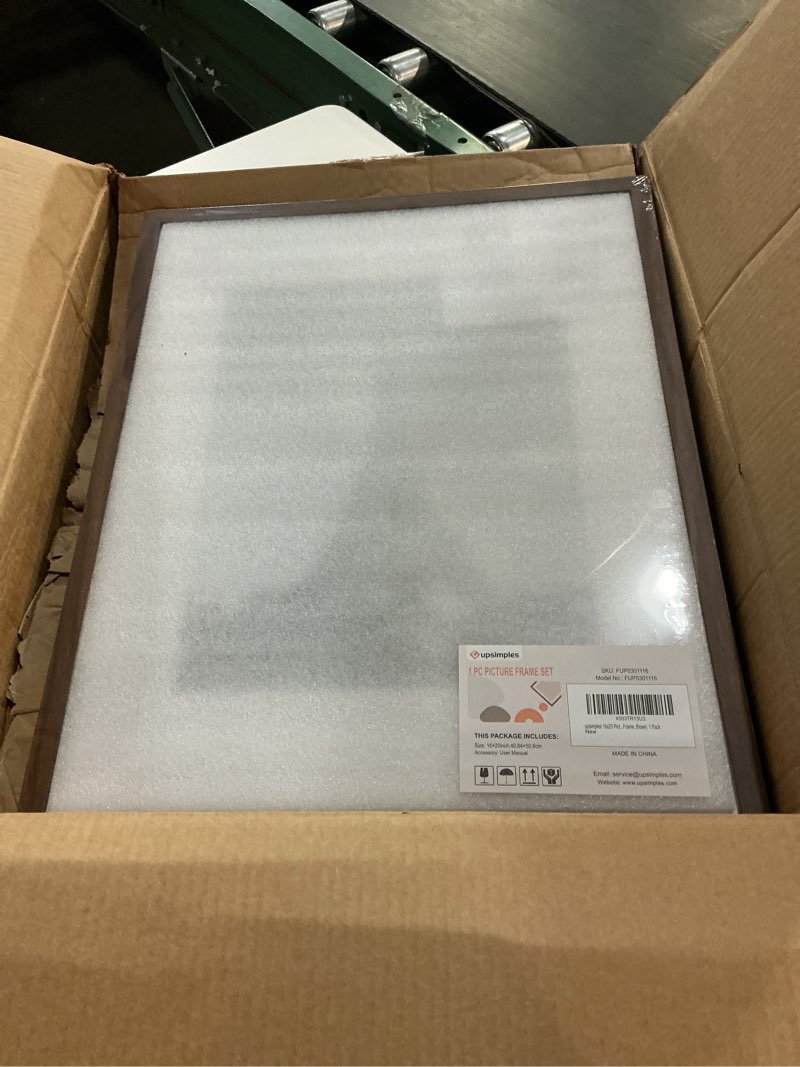 Condition photo showing Good Condition for upsimples 16x20 picture frame, display pictures 11x14 with mat or 16 x 20 without, wall hanging poster frame, brown, 1 pack brown 16x20