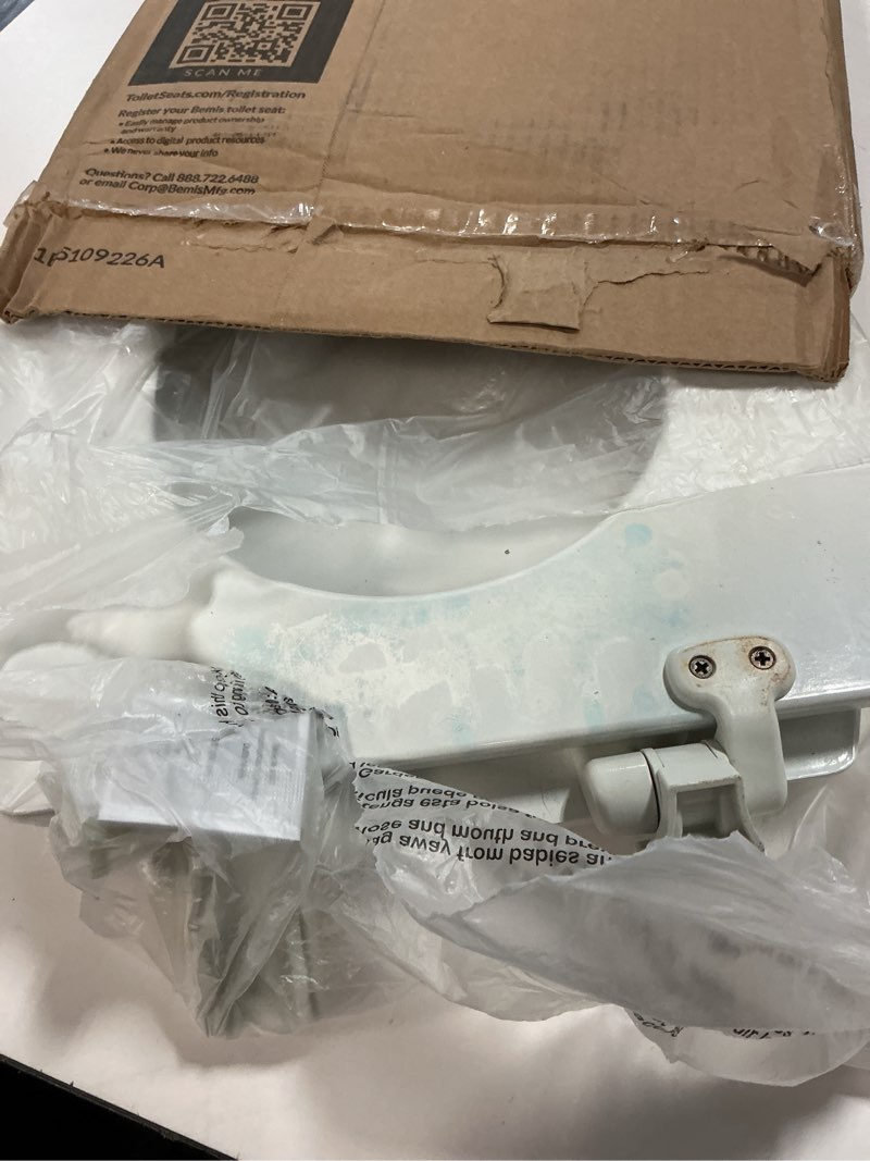 Condition photo showing As Is for Mayfair Cassel Slow Close Toilet Seat, Easy Clean, Non Slip Premium Wood Seat, Easy Install, Made in USA, Elongated, White Elongated 1 - Toilet Seat