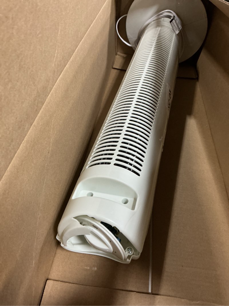 Condition photo showing Good Condition for ovente 32" tower fan for bedroom, portable stand fan with 90° oscillation, adjustable speed, compact and slim manual bladeless indoor fan ideal for cooling home with kids or office, white tfo3sw
