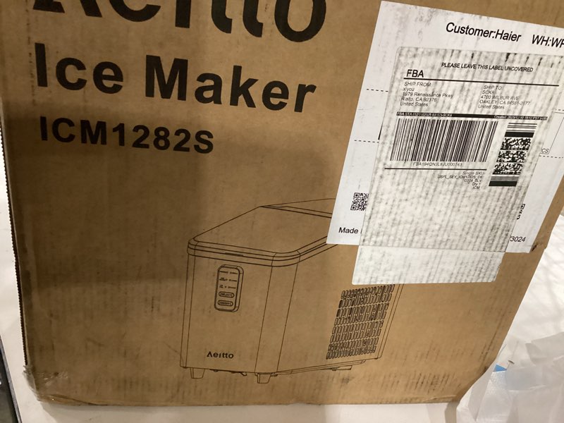 Condition photo showing As Is for Aeitto Countertop Ice Maker Machine, 26lbs Ice in 24H, 8 Bullet Ice Cubes in 6 Mins, Self-Cleaning Portable Ice Maker with 2 Ice Sizes, Basket & Scoop for Home, Kitchen, Office, Stainless Steel