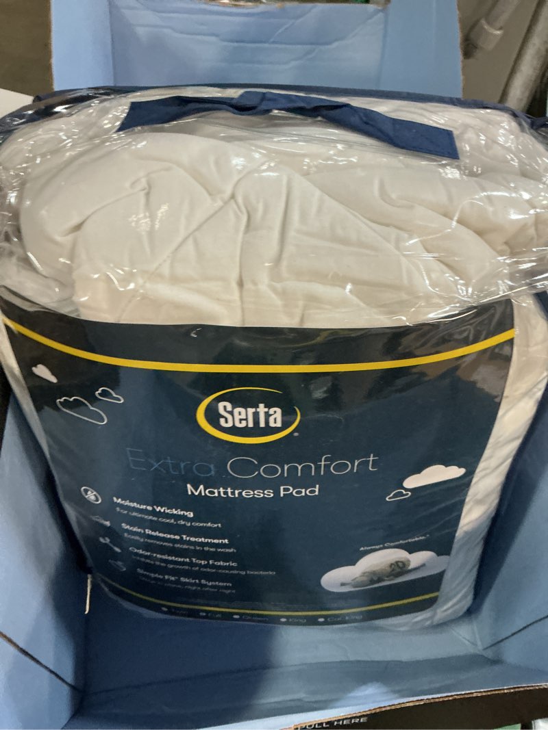 Condition photo showing Good Condition for serta air dry extra comfort plus 100% cotton fabric quilted mattress pad, cooling and breathable mattress cover, moisture wicking protection with 18" deep pocket, queen, white extra comfort plus queen