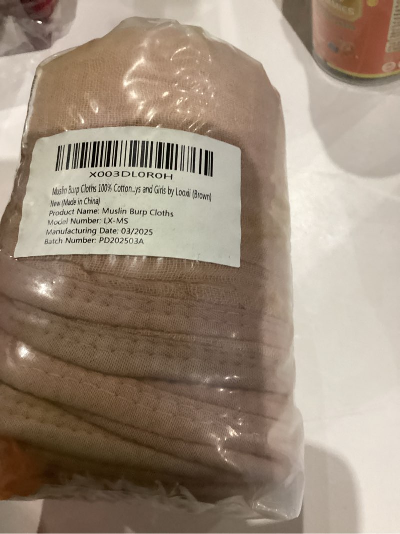 Condition photo showing New/Like New for Looxii Muslin Burp Cloths 100% Cotton Muslin Cloths Large 20''x10'' Extra Soft and Absorbent 6 Pack Baby Burping Cloth for Boys and Girls (Brown) Brown 20x10 Inch (Pack of 6)