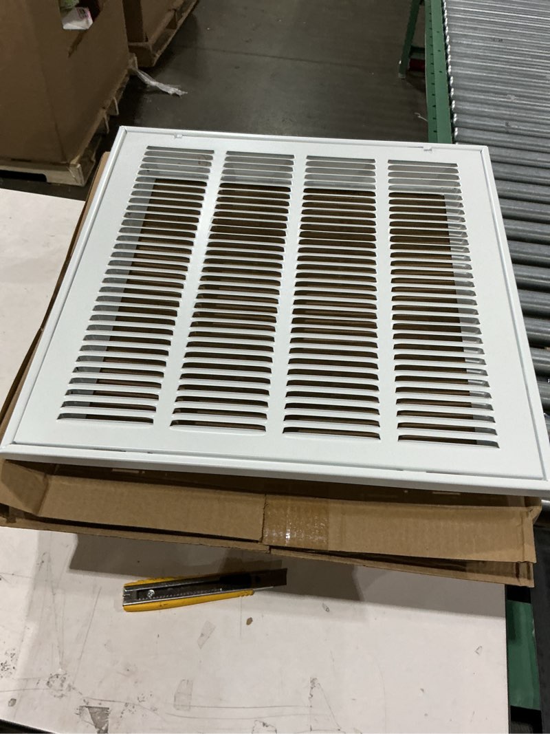 Condition photo showing New/Like New for ez-flo 16 x 16 inch (duct opening) return air vent cover for wall or ceiling, solid steel return air filter grille, hvac vent cover, white, 61654 16 in. x 16 in.