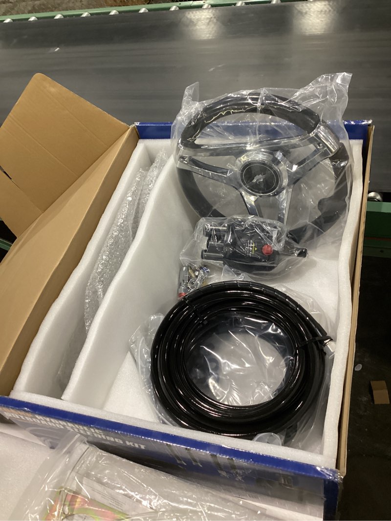 Condition photo showing New/Like New for 200hp hydraulic outboard steering kit boat marine system with electroplated steering wheel, helm pump, hydraulic cylinder, 26ft pu hoses, fit for most single outboard-powered boats