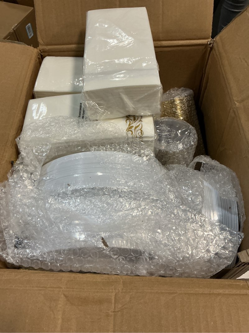 Condition photo showing New/Like New for 700 Piece Dinnerware Set for Wedding & Party,100 Guest RimPlastic Plates,100 Plastic Silverware,100 Cups,100 Linen Like Napkins (Silver) lkj