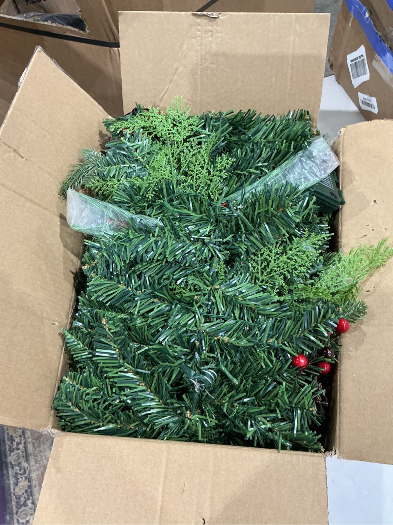 Condition photo showing As Is for laveve pre-lit christmas garland 9ft with 100 warm lights, battery operated xmas garland with pine cedar cones & gradient red berries, christmas decoration for mantle fireplace stair railing porch