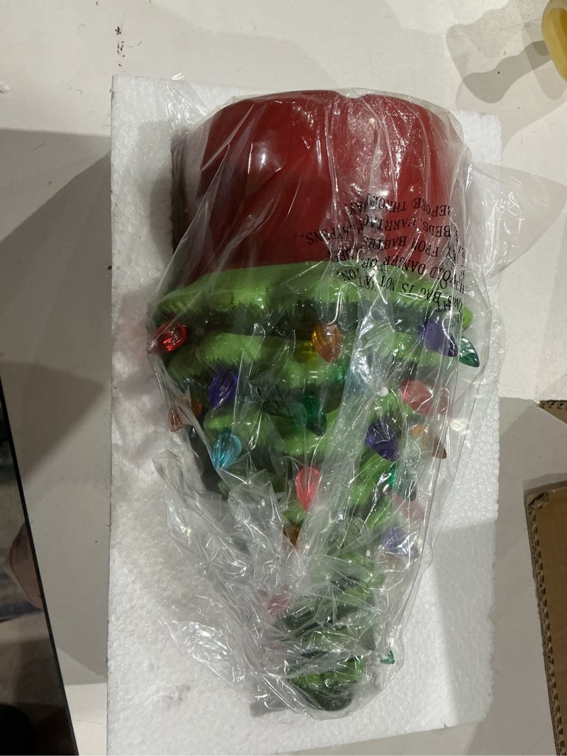 Condition photo showing Good Condition for gnomes ceramic christmas tree 12inch hand painted pre-lit gnomes ceramic with 46 multicolored lights for fireplace bedroom night table valentine's day gift st. patrick's day decoration