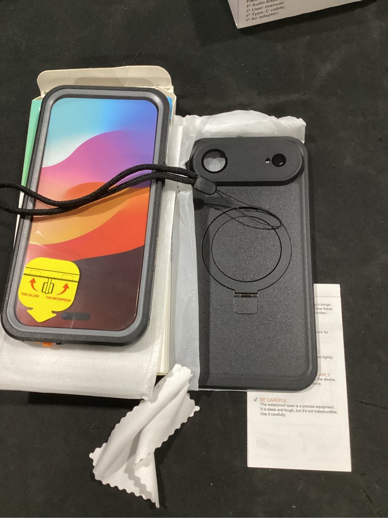Condition photo showing As Is for aicase magnetic for iphone air case waterproof magsafe[ring invisible stand & screen protector][ip68 underwater][dropproof][dustproof][real 360] shockproof protective phone case 6.5" 2025 iphone 17 air black with magsafe+stand