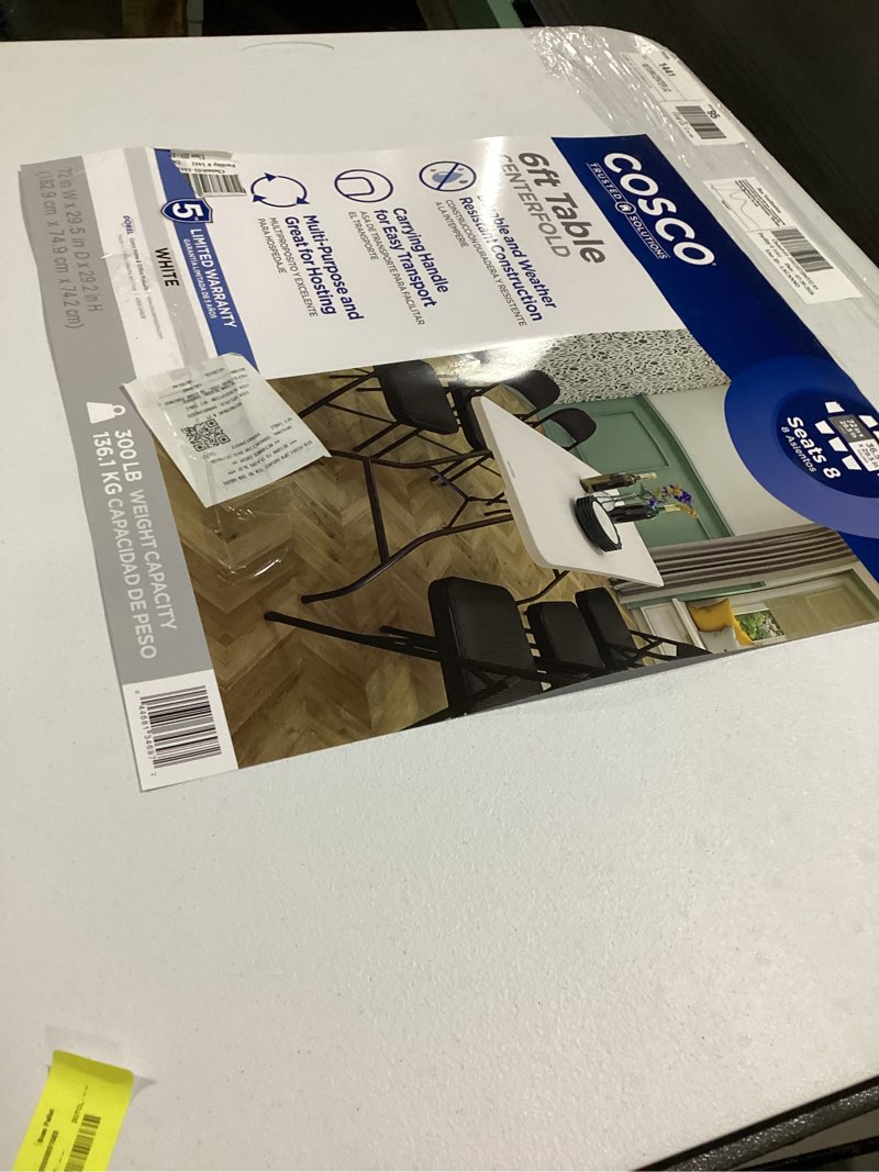 Condition photo showing As Is for cosco 6 foot premium folding table in white speckle