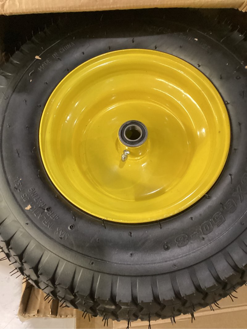 Condition photo showing Good Condition for 2-pack 16x6.50-8 tubeless front tires and wheels, 1-inch bearings with extra 3/4-inch axle sleeve, 3" long offset hub, fits 3/4" and 1" axles, compatible with most john deere and other riding mowers.