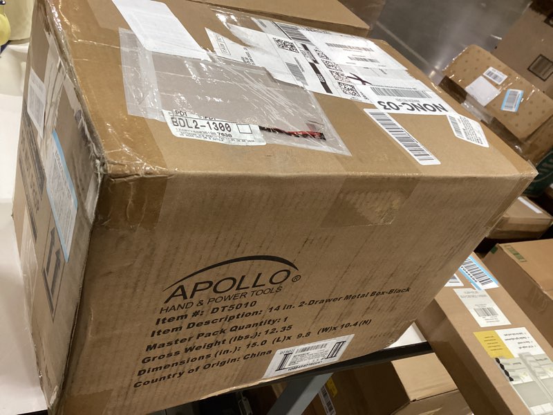Condition photo showing As Is for apollo tools 14 inch steel tool box with deep top compartment and 2 drawers in heavy-duty steel with ball bearing opening and powder coated finish black black 14 inch