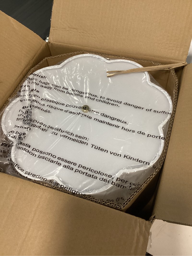 Condition photo showing Good Condition for calokes semi flush mount ceiling light, 11.8" modern 3-light fixture with petal-shaped cream white fabric shade and golden support arm, ideal for bedroom, kitchen, living room, hallway, and entryway