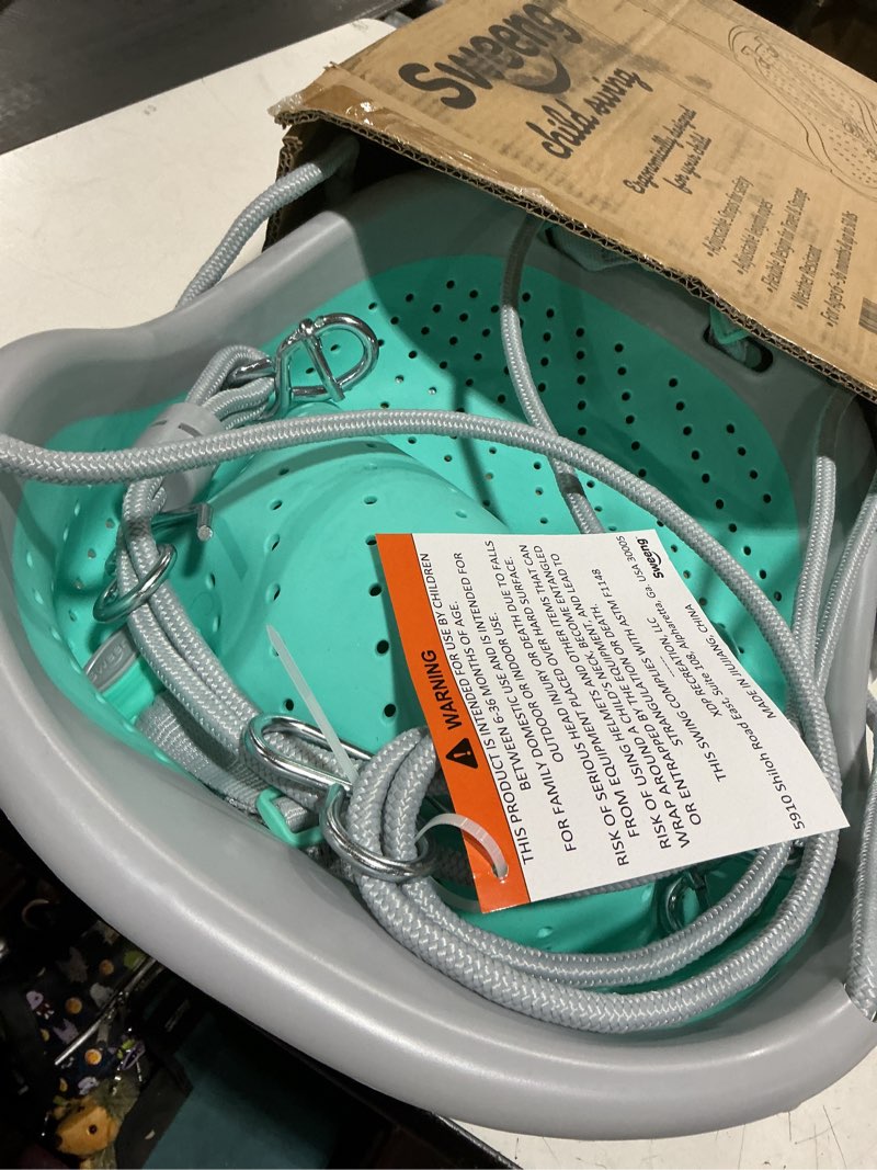 Condition photo showing New/Like New for child swing seat, 6 months to 3 years of age. soft, durable, flexible and breathable. adjustable straps and clips, weather resistant and fully assembled. 10" deep x 15" w x 19" h, by xdp recreation