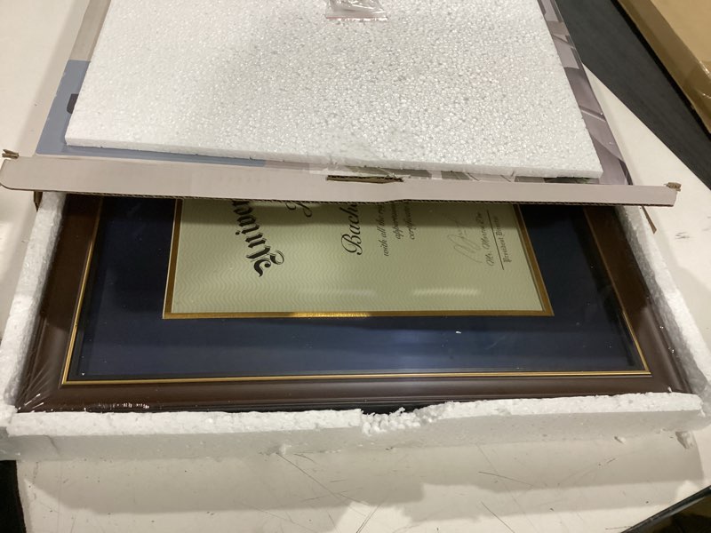Condition photo showing Good Condition for luminary 15x18 wood diploma frame with 11x14 opening navy mat for college degree certificate document, walnut color wooden frame with tempered glass panel for wall mount display navy mat 15x18 for 11x14