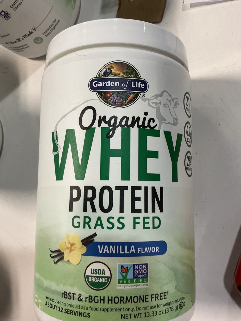 Condition photo showing New/Like New for (By 30-apr-2026)Garden of Life Grass Fed Whey Protein Powder Vanilla - 21g Protein for Women & Men + Probiotics - 12 Servings - Gluten Free, Non GMO, Kosher, Humane, RBST & rBGH Hormone Free
