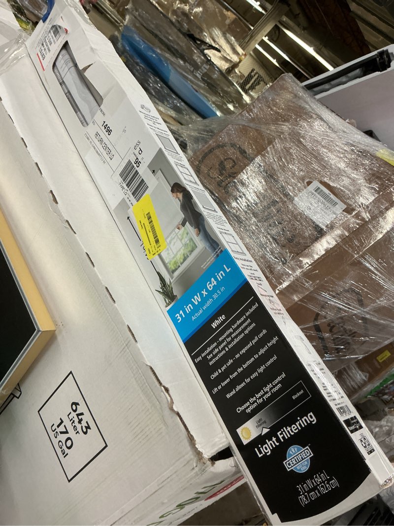 Condition photo showing As Is for mainstays 1" cordless vinyl light filtering mini blinds, white, 31" w x 64" l