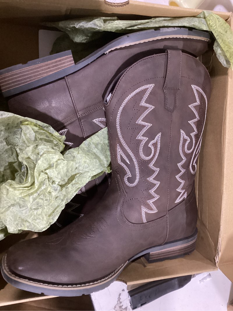 Condition photo showing Good Condition for iuv cowboy boots for men suede square toe western boots pull on classic embroidered boot 11.5 khaki