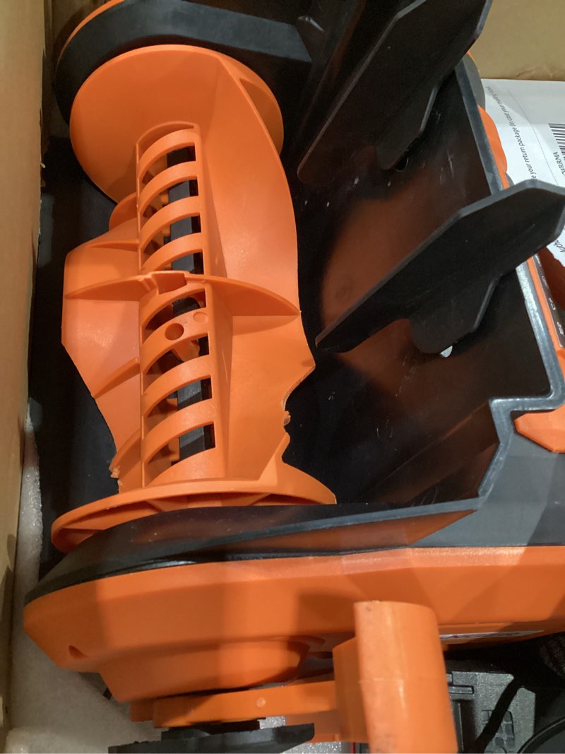 Condition photo showing As Is for (USED, DAMAGED) Cordless Snow Shovel, Electric Snow Shovel 12\" Width 6.7\"  Depth Cleaning and 20ft Throwing Distance, 4 Ah 21V Battery Brushless Snow Mover with Adjustable Front Handle for Driveway, Steps, Patio Orange