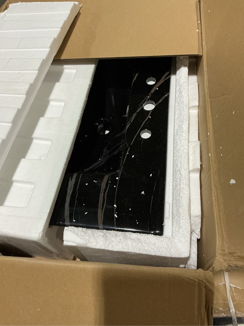 Condition photo showing As Is for 30 in. w x 22 in d quartz vanity top in black marquina,with one sidesplash & one backsplash, vanity sink top with assembled single drop-in sink, pre-drilled single faucet hole countertop black marquina 30"-middle sink