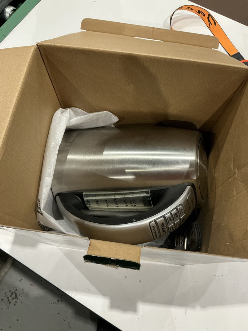 Condition photo showing As Is for cuisinart perfectemp 1.7-liter electric kettle, cordless electric tea kettle, 1500w for fast heat-up, 6 preset temperatures, 30-minute keep warm, stay cool nonslip handle, cpk-17p1 stainless steel perfectemp