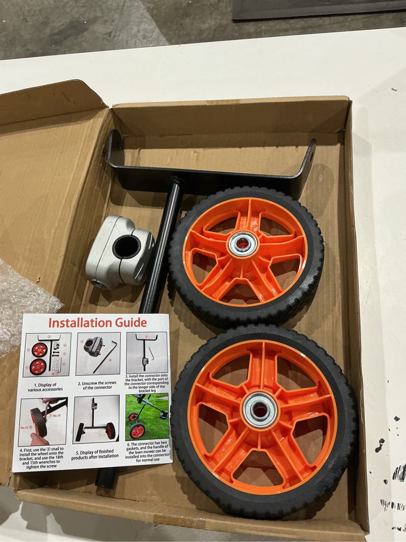 Condition photo showing As Is for incomplete  string trimmer wheel attachment 7\" adjustable auxiliary wheels for push lawn mowers, heavy duty universal stabilizer wheels, easy install height adjustment wheel kit for uneven lawns