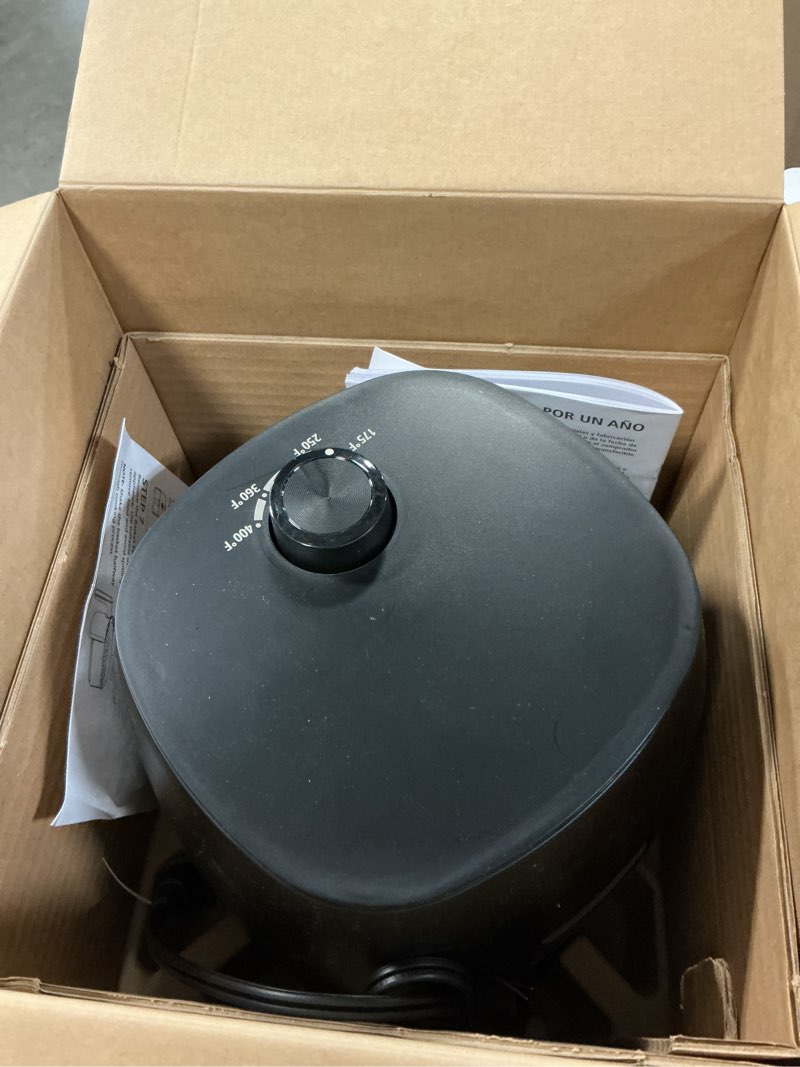 Condition photo showing As Is for mainstays 2.2 qt air fryer in arctic black with non-stick basket