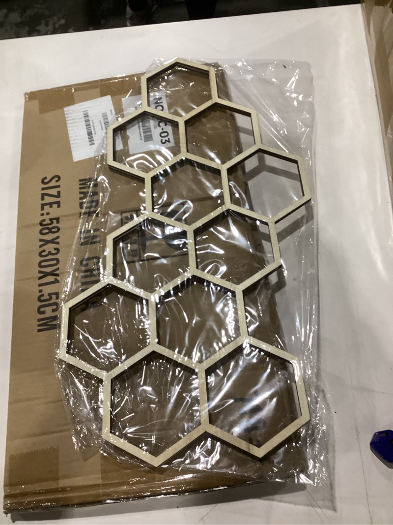 Condition photo showing Good Condition for silipull 2 pcs 22 x 12 inch large wood honeycomb decoration honeycomb wall decor wood hexagon decor bee wall hanging decoration for living room garden bedroom office home party(wood color)