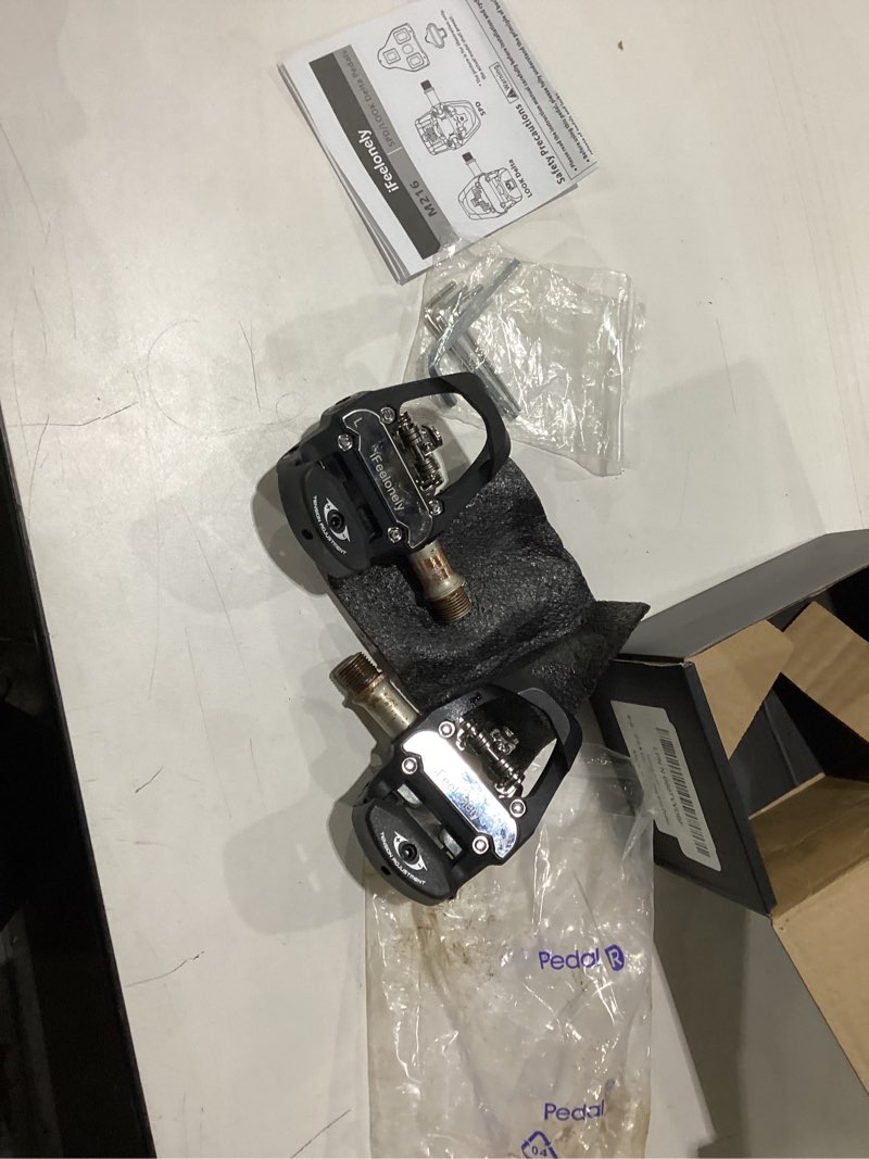 Condition photo showing Good Condition for exercise indoor bike pedals with cleats, compatible with peloton, look delta & shimano spd, dual-sided clip-in pedals, 9/16" thread for spin & stationary bikes dual pedals only (no cleats)
